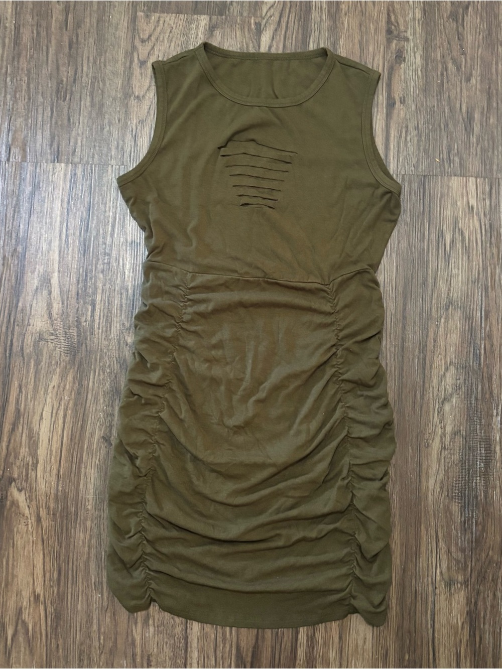 Olive Green Ruched Cutout Bodycon Mini Dress Sleeveless Size L